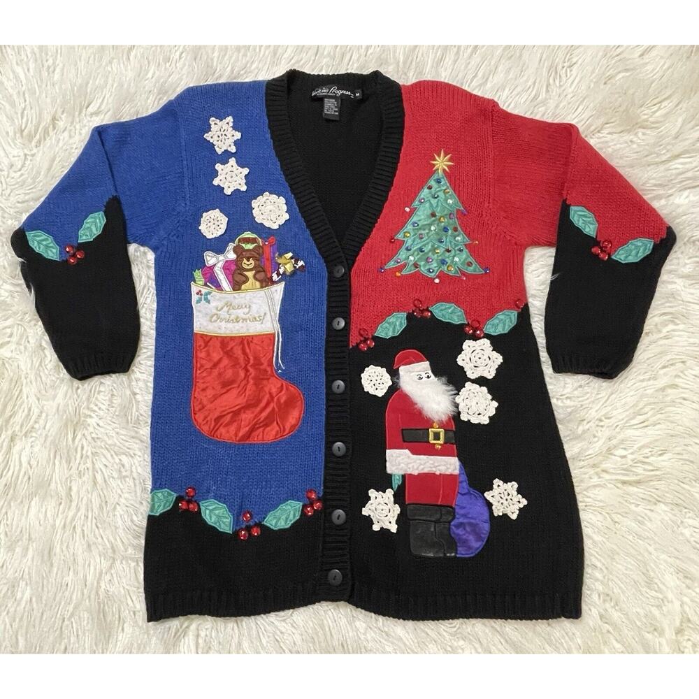 Vintage novelty Christmas Sweater Santa Teddy Bear Ugly Medium 90s grannycore